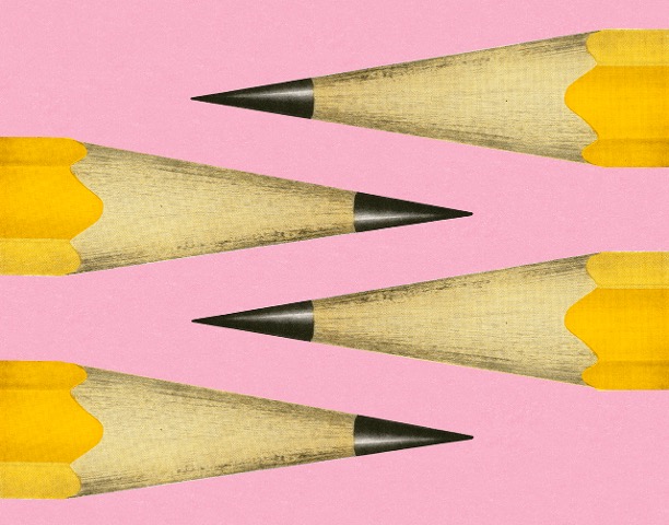 four pencils against a pink background