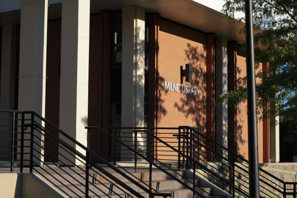 The exterior of Milne Library on SUNY Oneonta's campus.