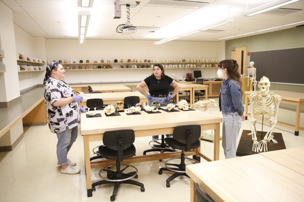 SUNY Oneonta anthropology students stand around a table, which holds an assortment of animal skulls.